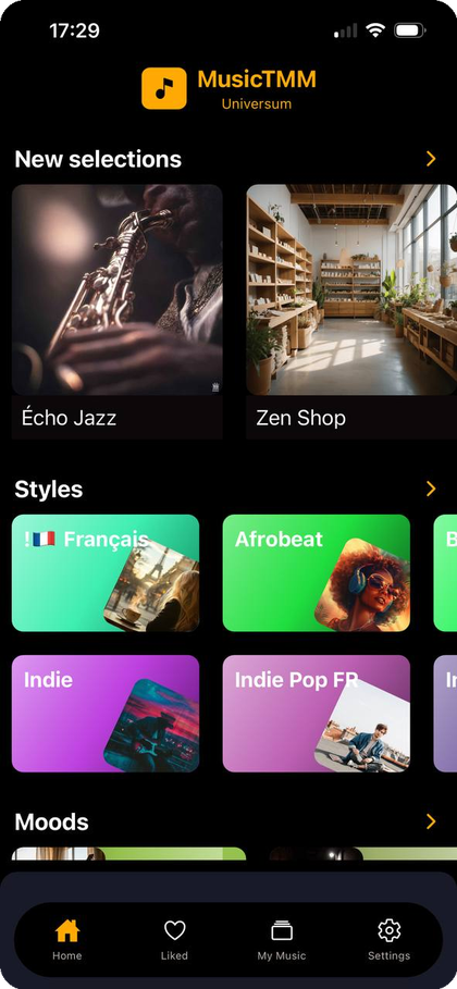 MusicTMM Universum mobile app — home screen with curated selections